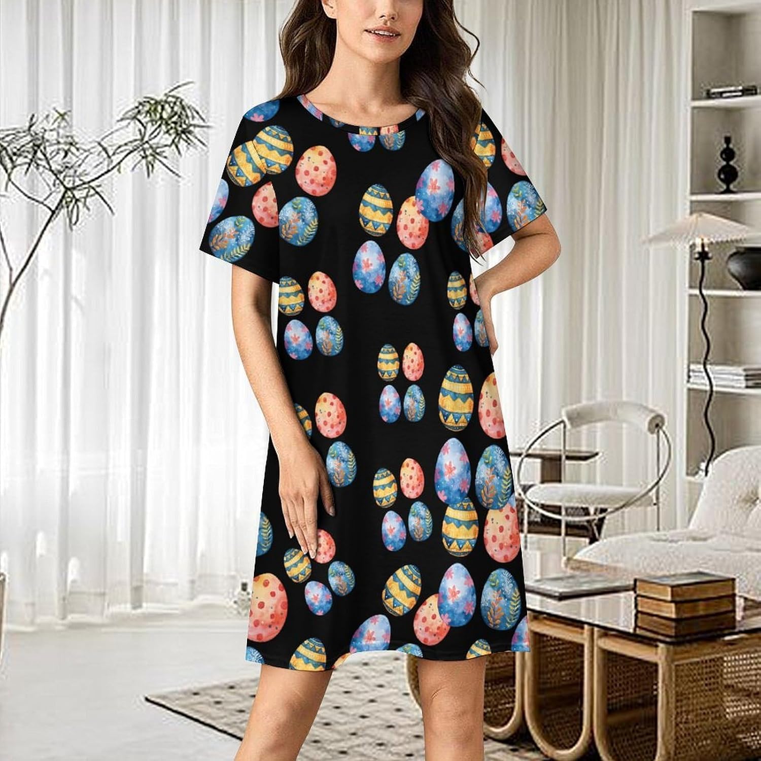 Colorful Easter Eggs Women's Nightgown Short Sleeve Sleep Shirt Casual Sleepwear Night Gowns Sleepdress