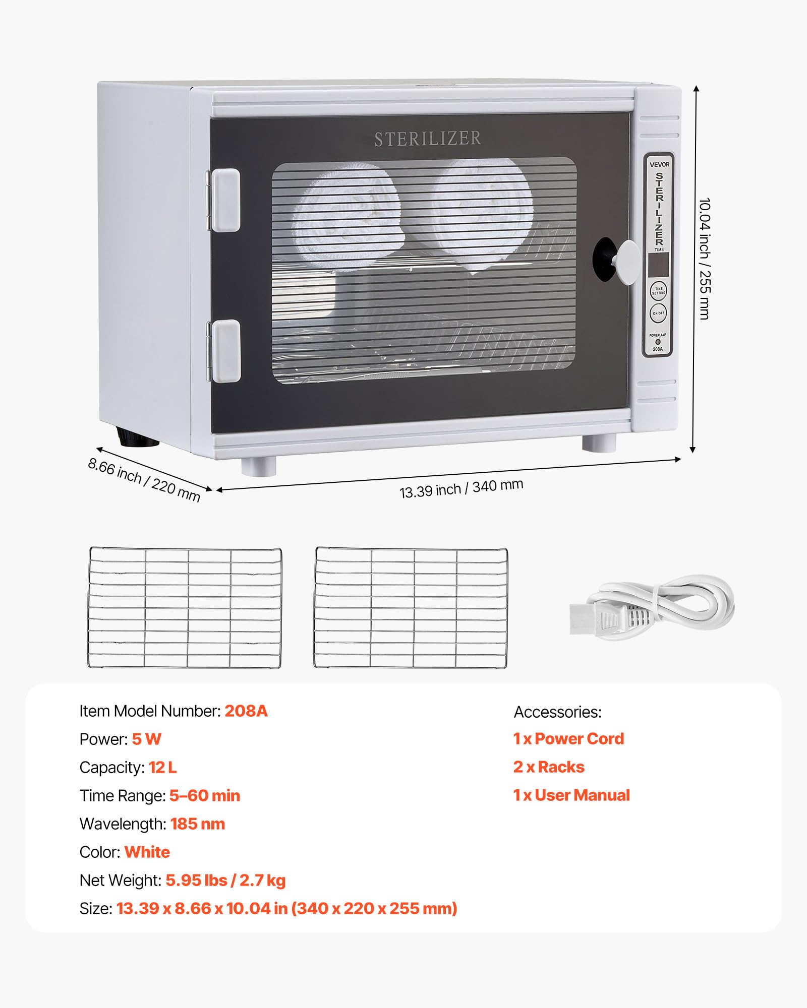 VEVOR Sterylizator UV, maszyna do czyszczenia paznokci (12 l/5 W), wielofunkcyjny środek do czyszczenia paznokci, sterylizator z ustawieniem timera, szafka do czyszczenia z drzwiami z hartowanego