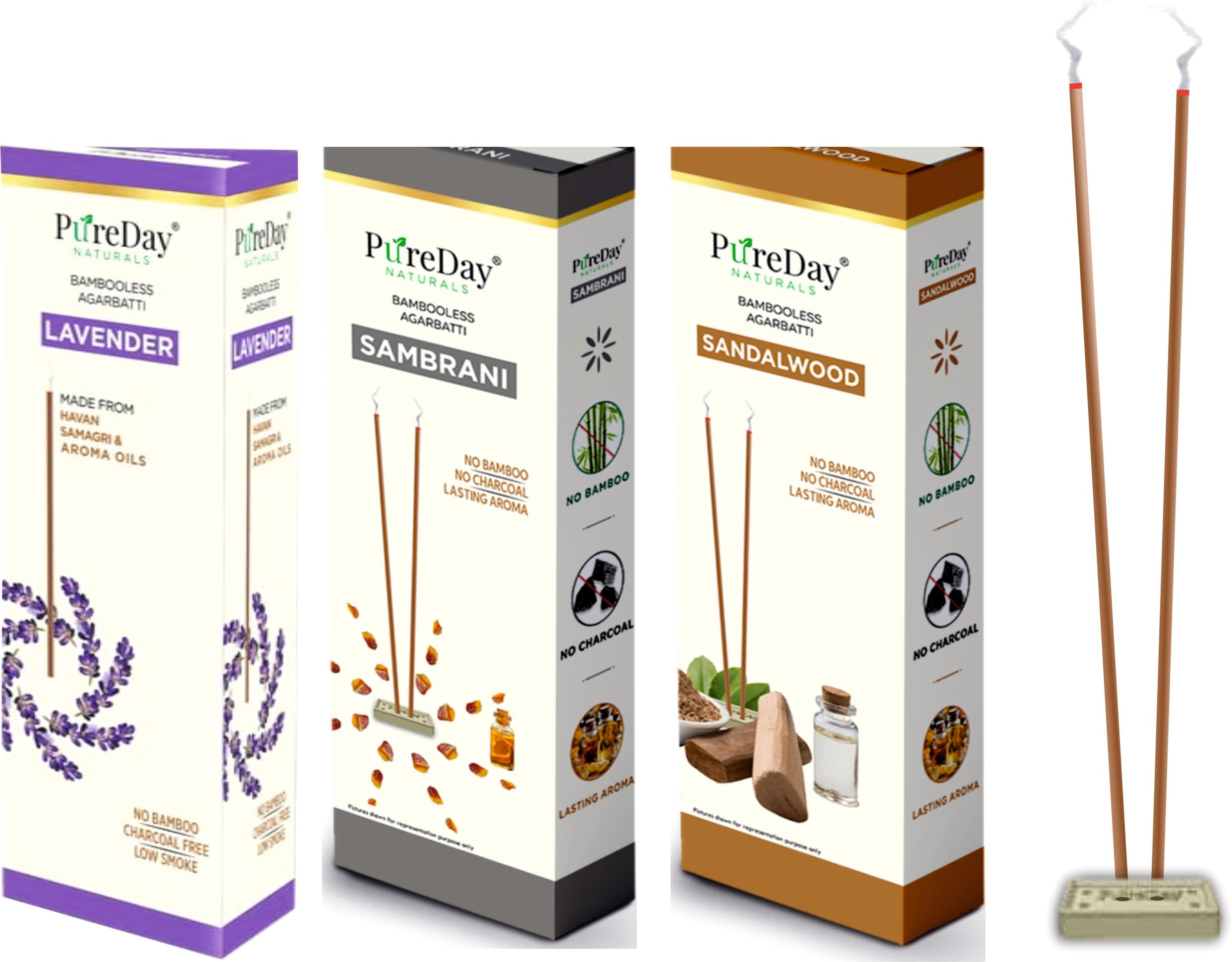 PureDay Bambooless Agarbatti | 200 Dhoop battis | Pack of 3 | Lavender - 80, Sandal - 80, Sambrani - 40 | No Bamboo, No Charcoal, Lasting Aroma | Free Ceramic Stand