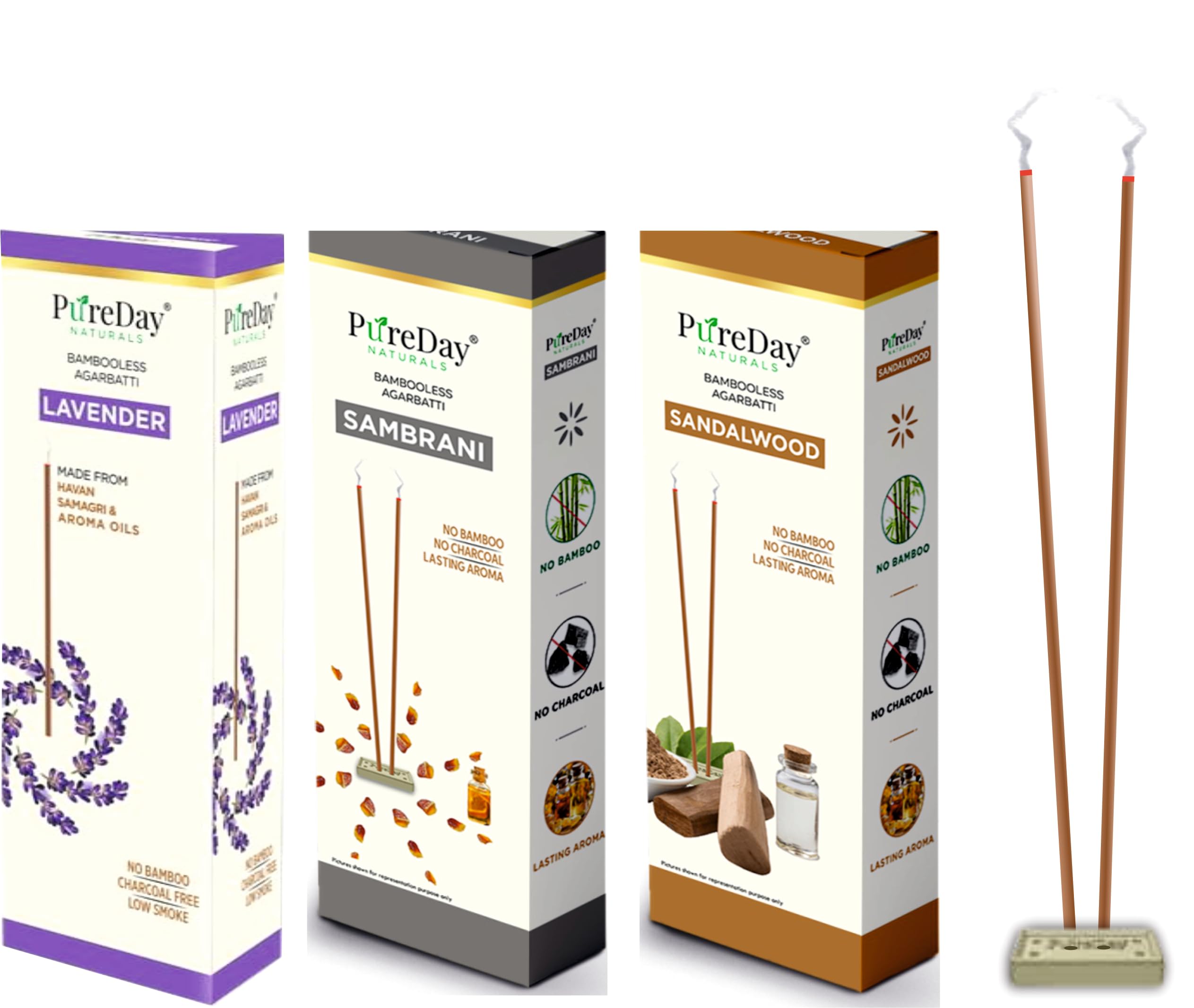 PureDay Bambooless Agarbatti | 200 Dhoop battis | Pack of 3 | Lavender - 80, Sandal - 80, Sambrani - 40 | No Bamboo, No Charcoal, Lasting Aroma | Free Ceramic Stand
