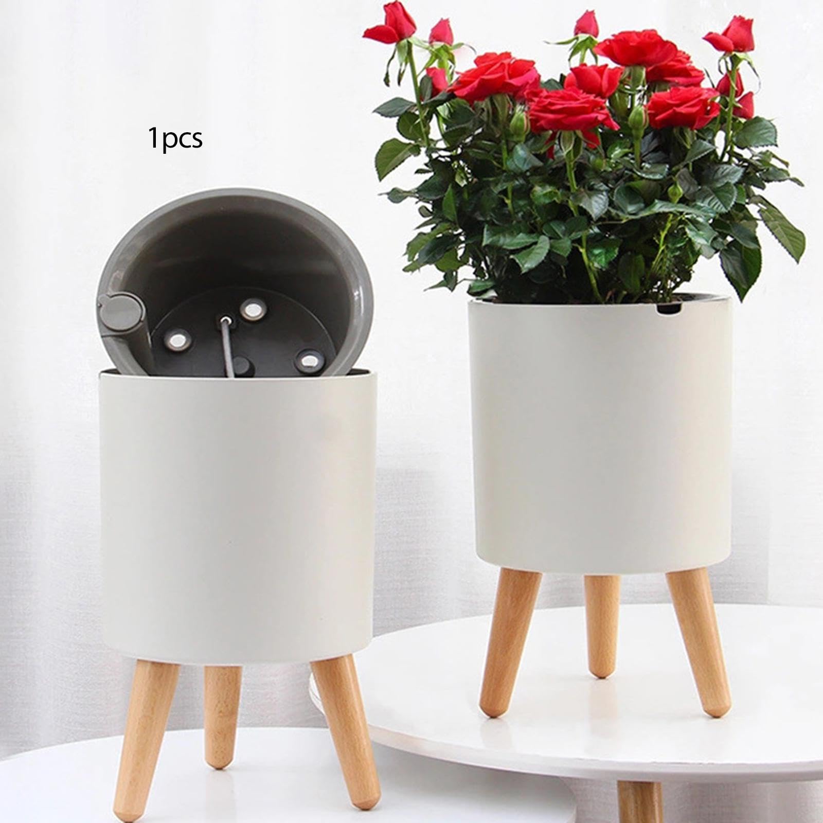 Vaso da Fiori Autoportante con Gambe in Legno E Indicatore di Livello dell'Acqua Basso, Fioriera Decorativa in Resina, Adatta per Casa, Ufficio, B, Bianco