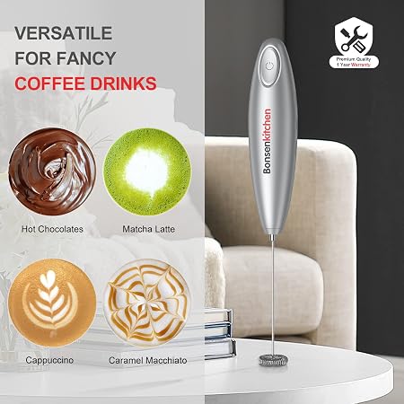 Amazon.com: Bonsenkitchen Espumador de leche de mano con pilas, mezclador  de bebidas con batidor de acero inoxidable para capuchino, matcha (plateado  y rosa) : Hogar y Cocina