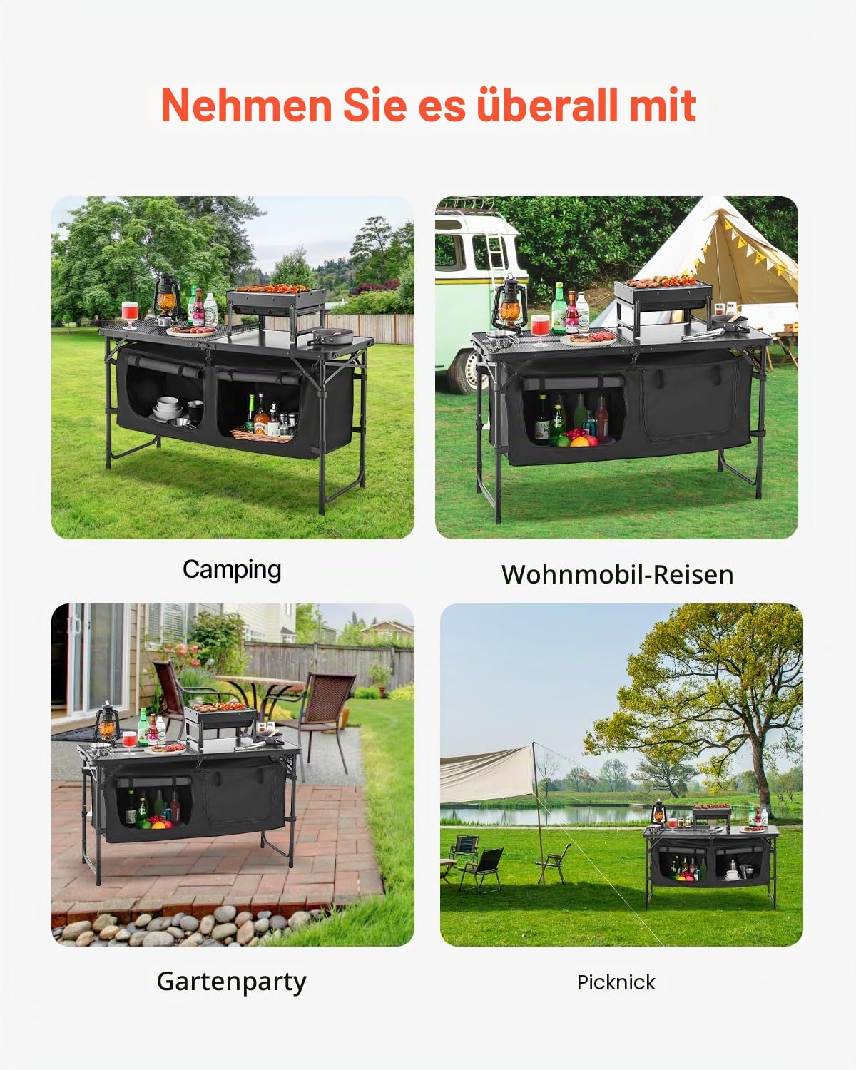 VEVOR Camping Küchentisch klappbarer Kochtisch Outdoor, 3-Fach höhenverstellbar, Aluminium, Organizer, Tragegriff, Schwarz