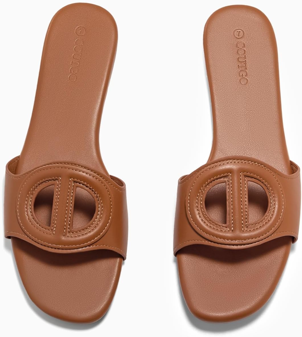 Coutgo Women's Open Toe Leather Summer Slide Sandals - Image 5