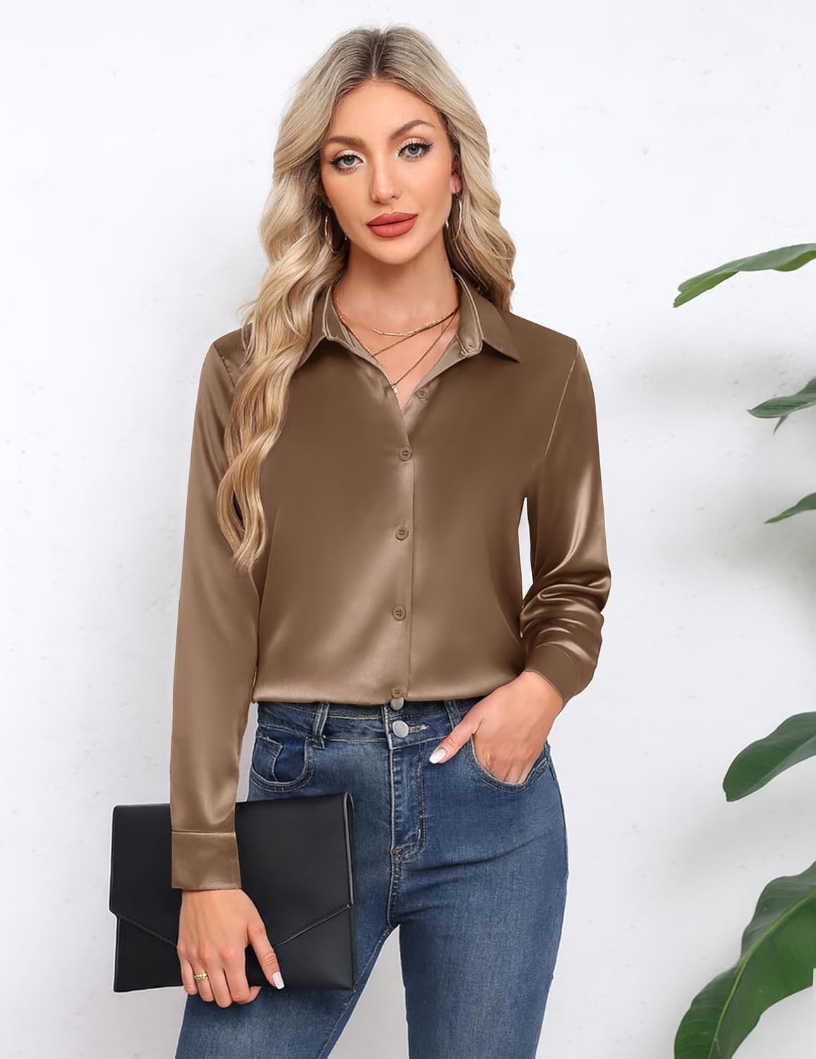 HOTOUCH Button Down Shirts for Women Satin Silk Collared Dressy Casual Blouses Loose Long Sleeve Office Work Tops - Image 2