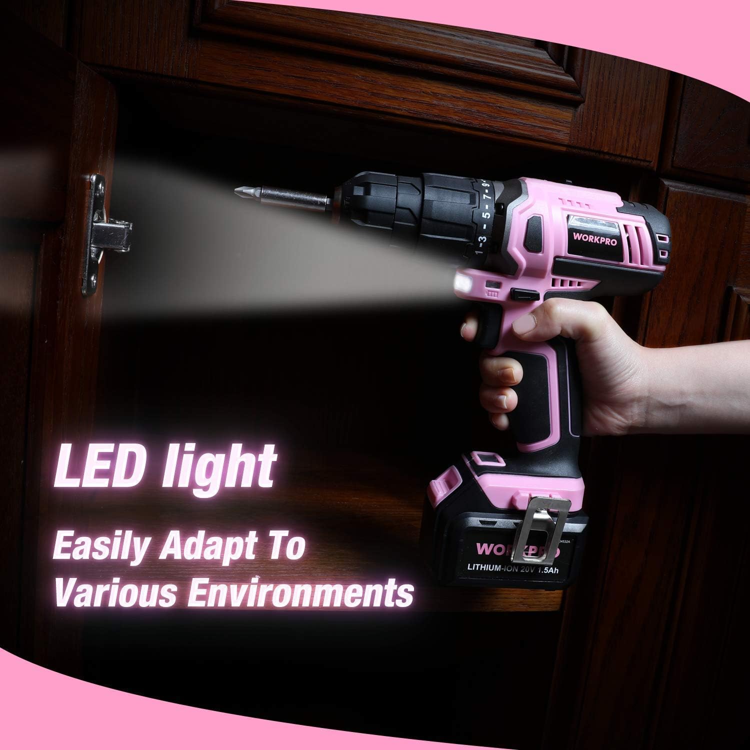 WORKPRO Pink Cordless 20V Lithium-ion Drill Driver Set (1.5Ah), 1 Battery, Charger and Storage Bag Included and Spare Charger for Replacement