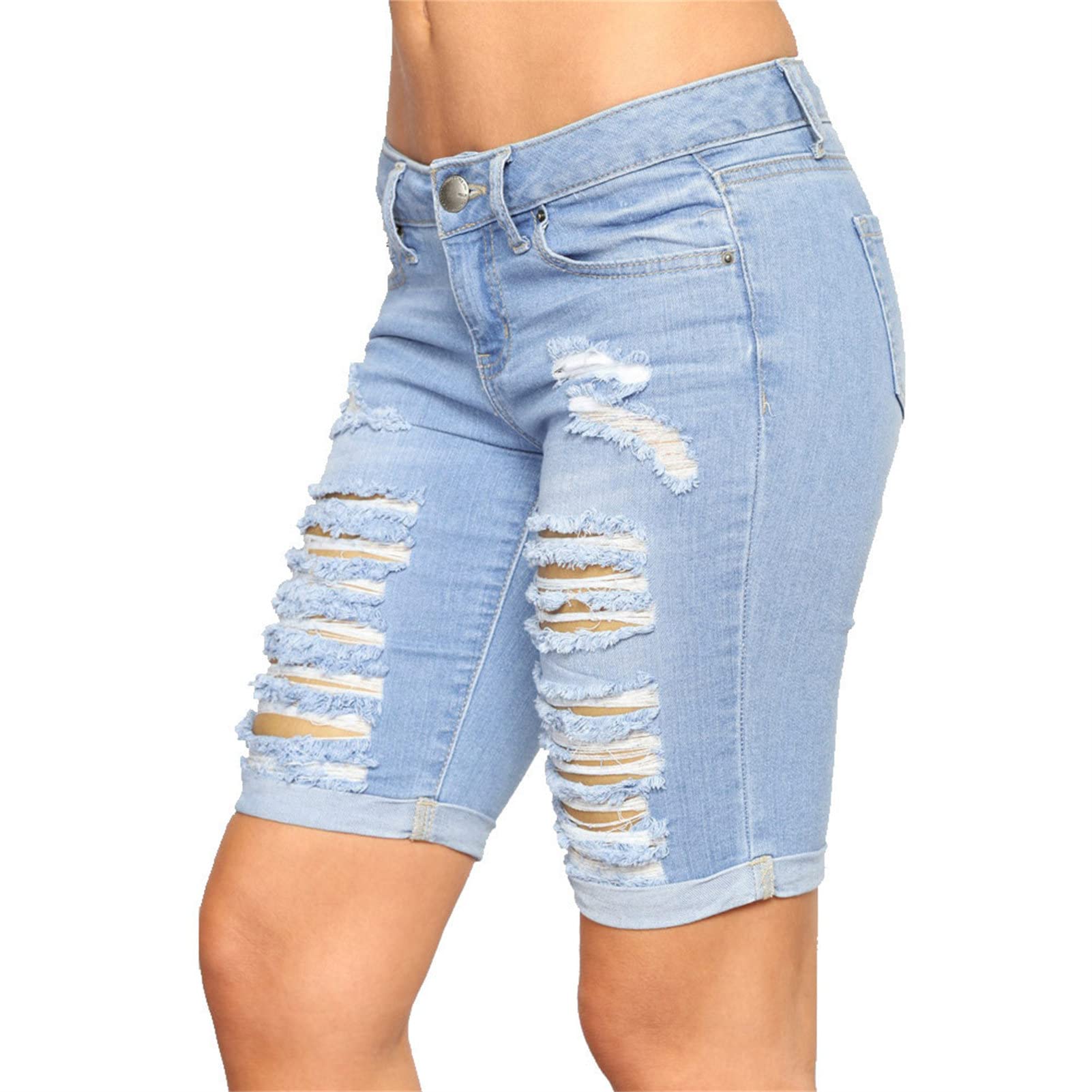 JEKE-DG Womens Ripped Jean Shorts Summer High Waist Casual Short Jeans Frayed Distressed Raw Hem Tassels Denim Shorts (Medium,Light Blue)