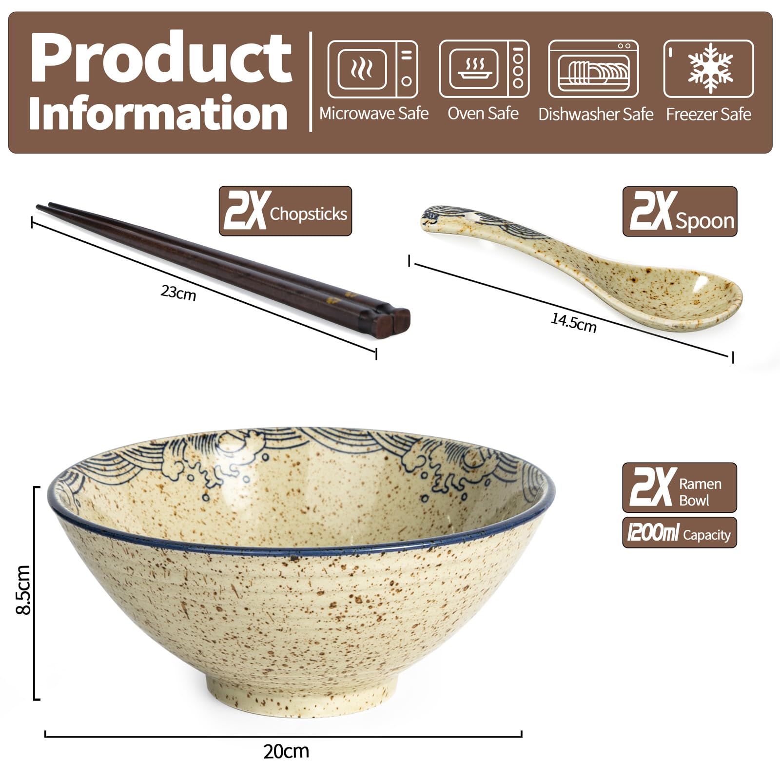 HLWDXno1 Ramen Bowl Set of 2 Ceramic Noodle Bowl with Chopsticks & Spoons 1200ml Large Soup Bowls Japanese Style Retro Porcelain Microwave Tableware Ramen Gift Set for Salad,Pho,Pasta,Udon - Image 2