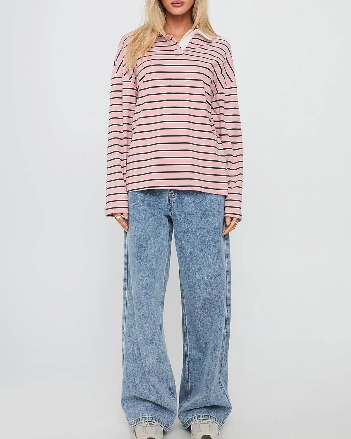 Cioatin Women Oversized Y2K Striped Rugby Polo Shirt Tops Long Sleeve Button Collar Sweatshirt Preppy Pullover Fall Outfits - Image 5