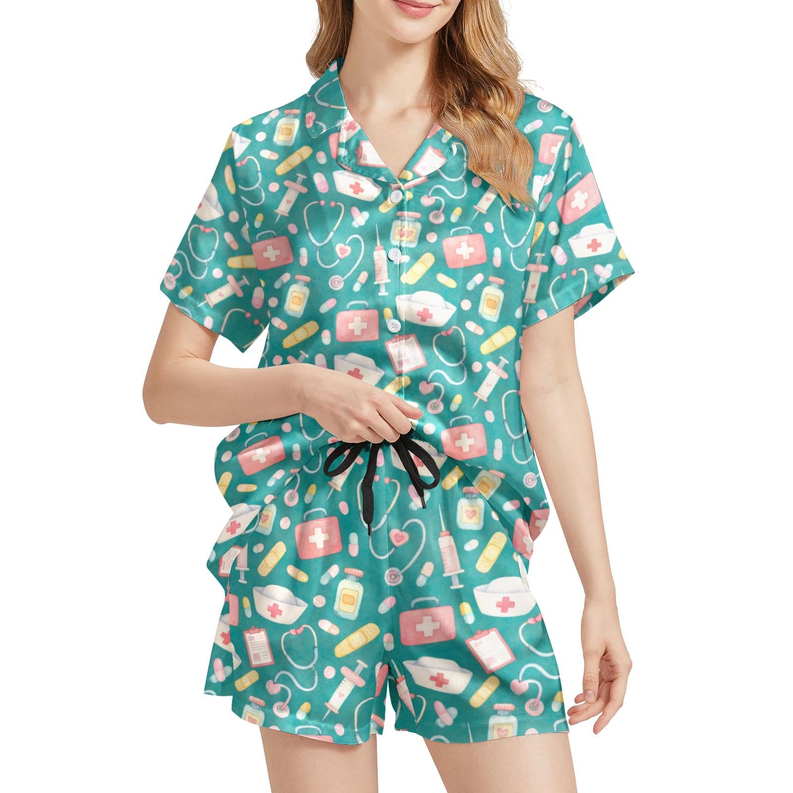 Funny Pajamas for Women Set Print Satin Loungewear Pjs Short Sleeve Button Down Top and Shorts Sets Sleepwear XS-3XL