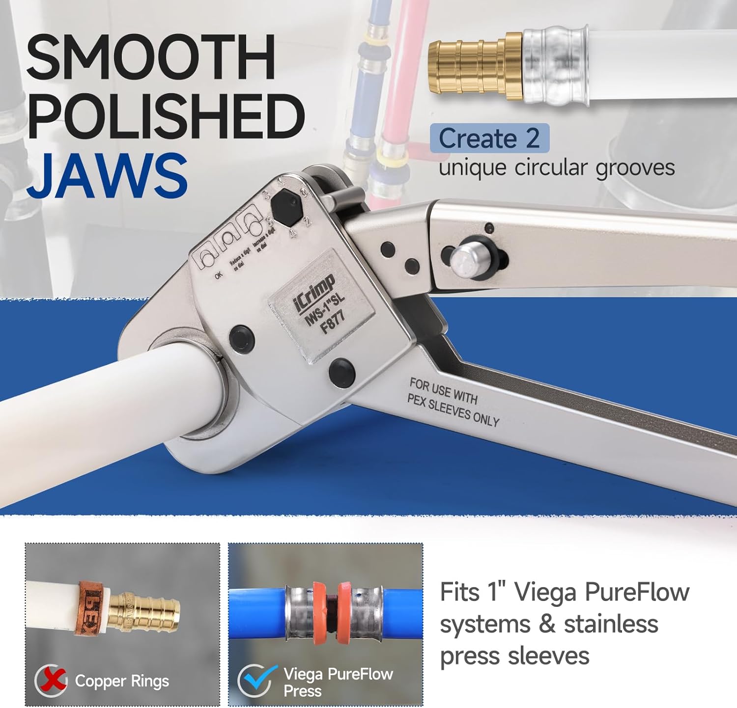 iCrimp 1-Inch Angle Head PEX Crimping Tool for Stainless Steel Press Sleeves - F877 Press Fit Tool, Compatible with Press Connect Systems