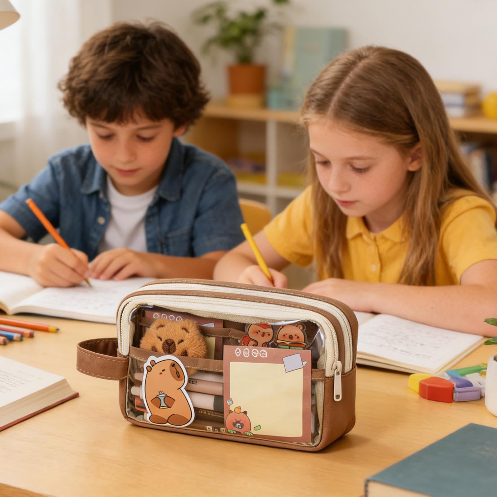 Generisch Estuche de lápices Capybara - Estuche múltiple con pegatinas | Bonito juego de papelería de animales | Para la escuela, enseñanza, habitación infantil, adolescentes, estudiantes, regalo de