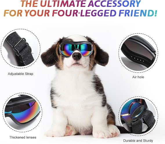 Dog Sunglasses, UV/Wind/Dust/Fog Protection, PC Lens, Nylon Strap, Black, Large