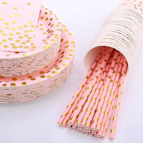 Miniatura 2 de Suministros para fiestas de 24 invitados, color rosa y dorado, platos, servilletas, vasos, popotes y manteles para baby shower, primer cumpleaños,