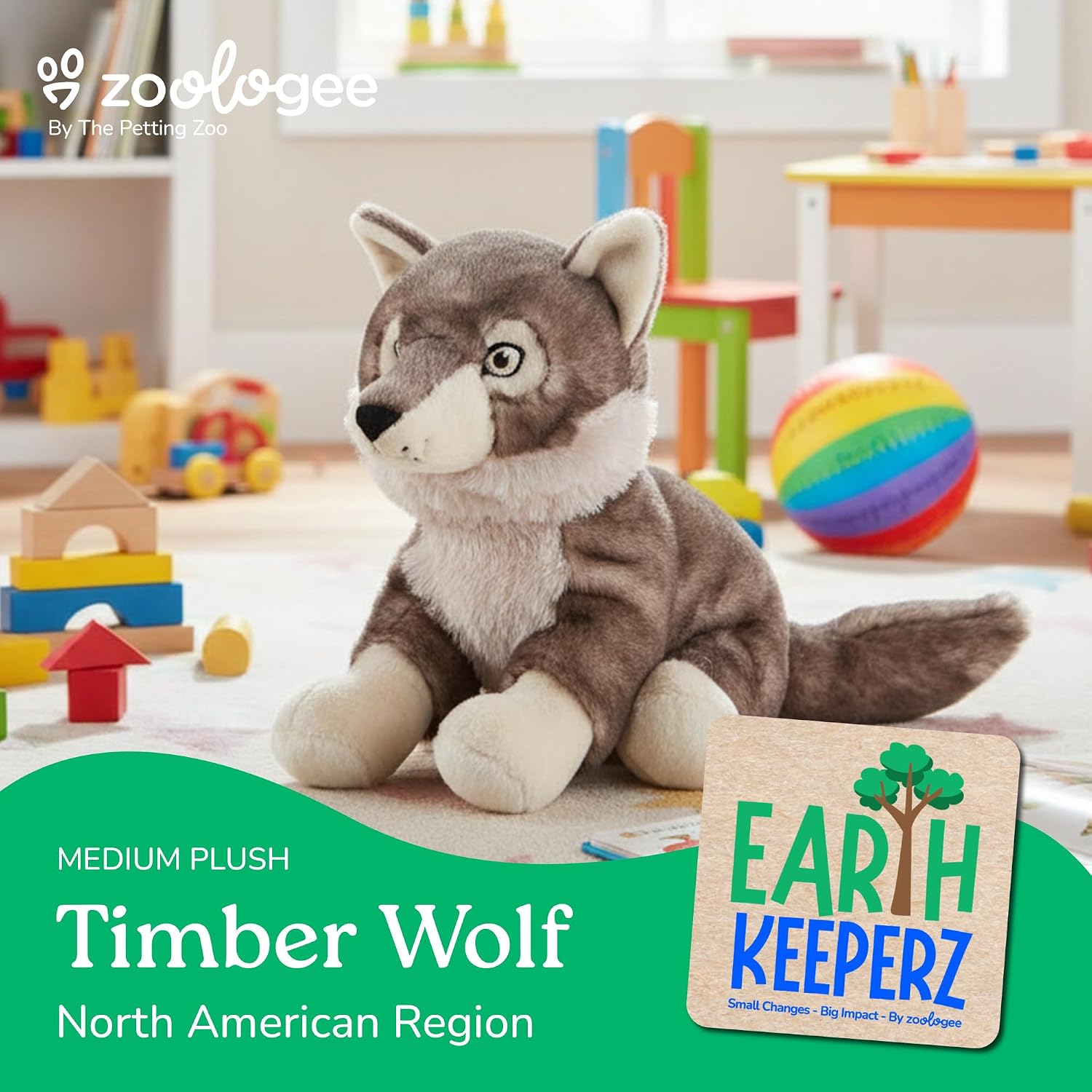 The Petting Zoo Timber Wolf Stuffed Animal Plushie, Gifts for Kids, Earth Keeperz Wildlife Animals, Zoologee Brown Timber Wolf Plush Toy, 12 inches