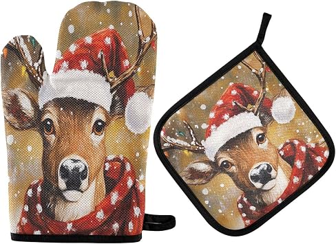 Reindeer and Lamps Oven Mitts and Pot Holders Set of 2 Heat Resistant Non-Slip Kitchen Gloves for Cooking Baking Barbecue Grilling