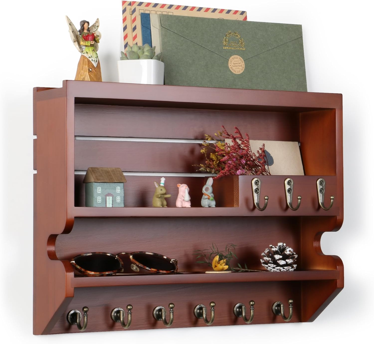 Innovation Handcrafted Solid Pine Wood Key Holder for Wall - Artisan Hand-Sprayed Mail Organizer Wall Mount with 9 Heavy Duty Hooks, Finely Sanded Smooth Surface Entryway Decor, Walnut
