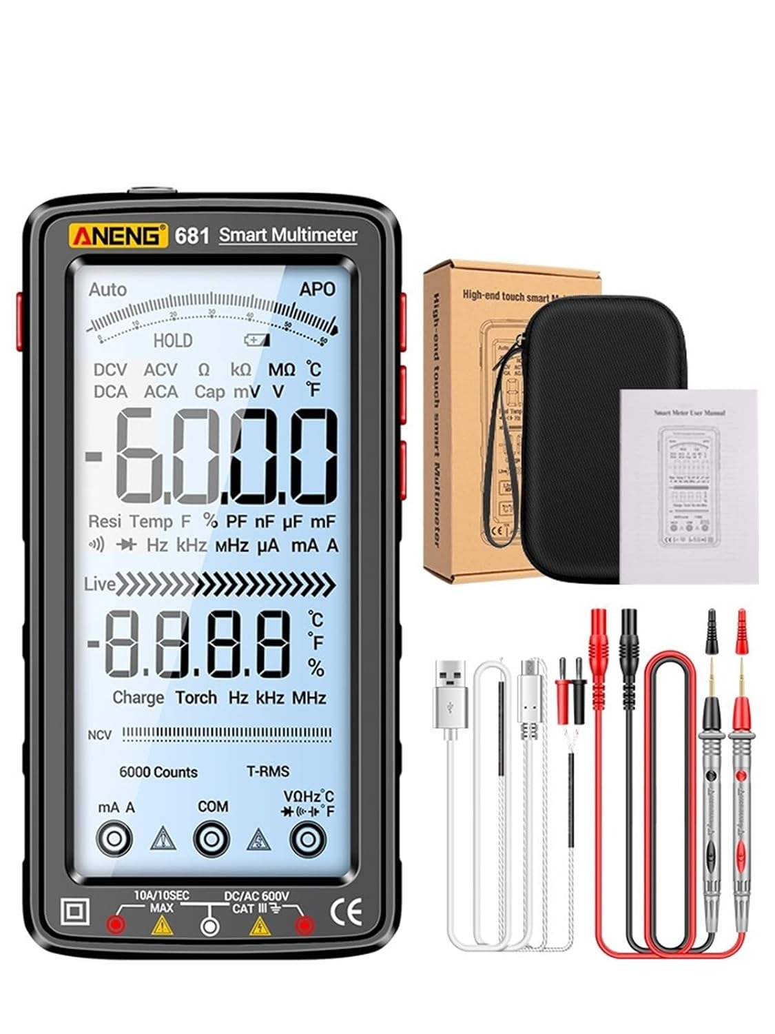 681/682/683 Smart Rechargeable Multimeter AC/DC Voltage Tester Current Meter Professional Capacitor Electrician Tools(681 Black)