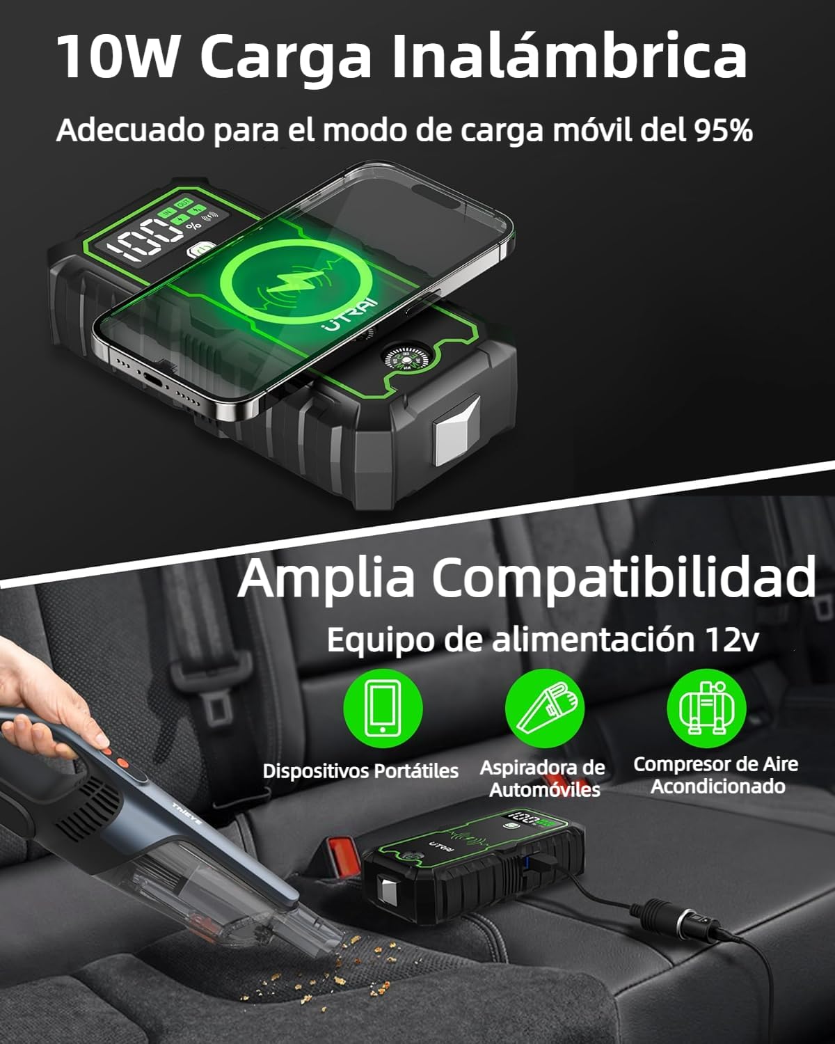 6000A 27000mAh Arrancador de Baterias de Coche con Brújula,Martillo de Seguridad,Carga inalámbrica de 10,Linterna LED,UTRAI 12V Arrancador de Coches Portátil para Todo de Gasolina o 10L de Diésel