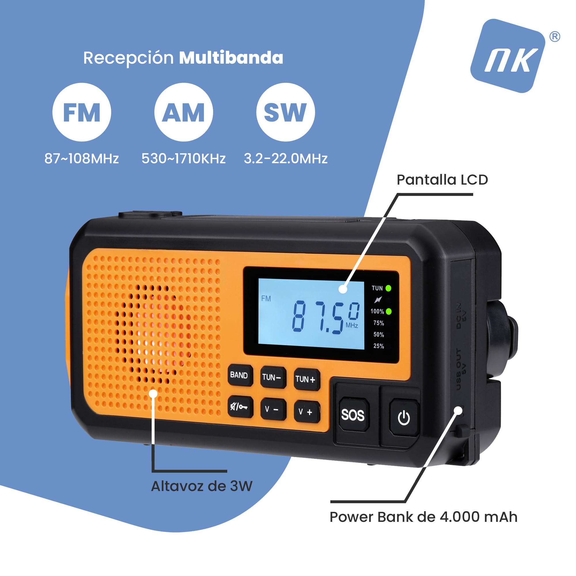 NK Radio Awaryjne Solarne – Power Bank 4000mAh, FM/AM/SW, Latarka LED, Wyświetlacz LCD, Alarm SOS, Korba Ręczna & Ładowanie USB/AAA – Idealne na Camping i Wędrówki