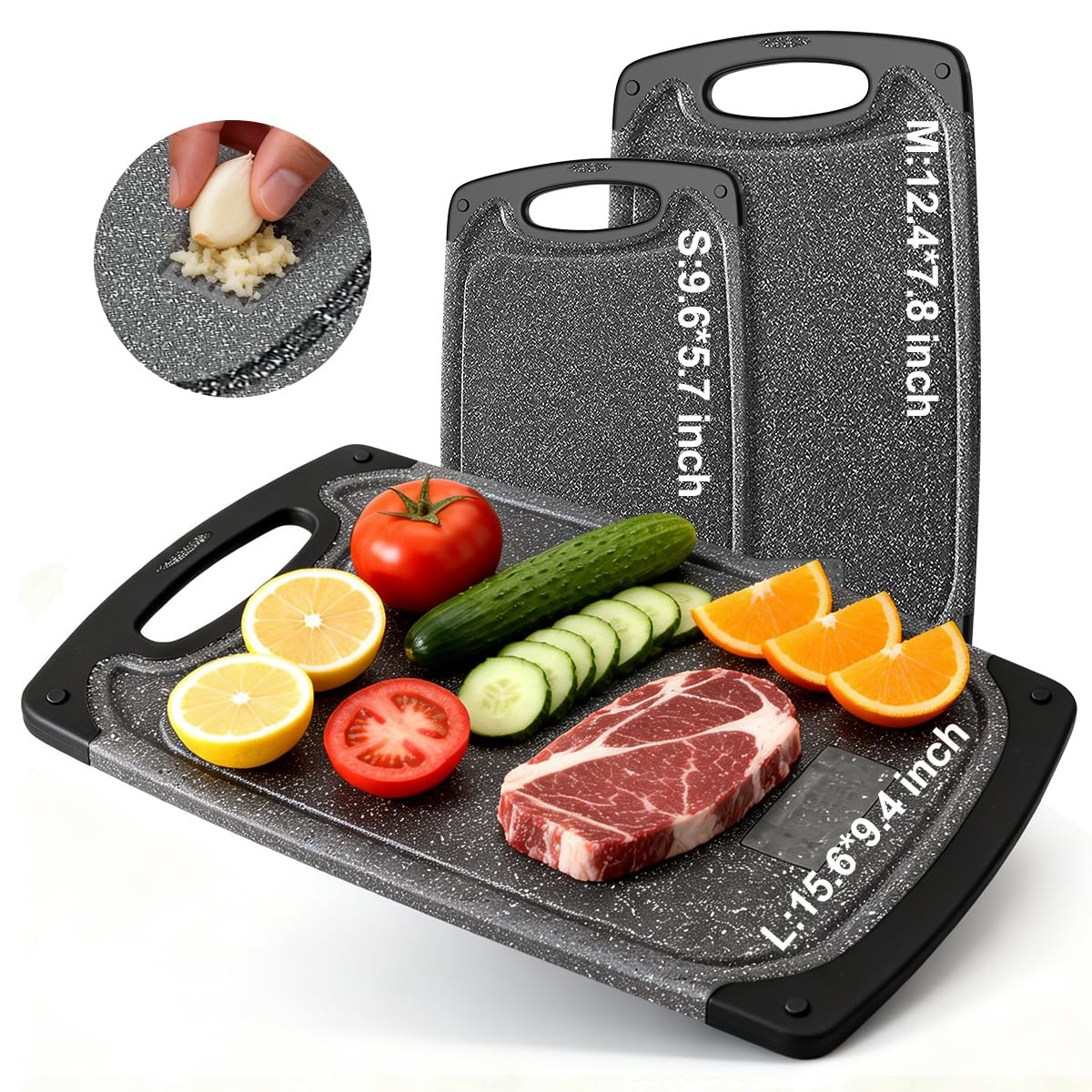 KIMIUP Schneidebrett Kunststoff, 3 Stück, BPA-freie, Spülmaschinenfest | Kunststoff Schneidebrett Set mit Rutschfeste Füße, Saftrille, Reibefläche, Langlebiges Küchenbrett für Fleisch, Dunkelgrau – Amazon Angebot