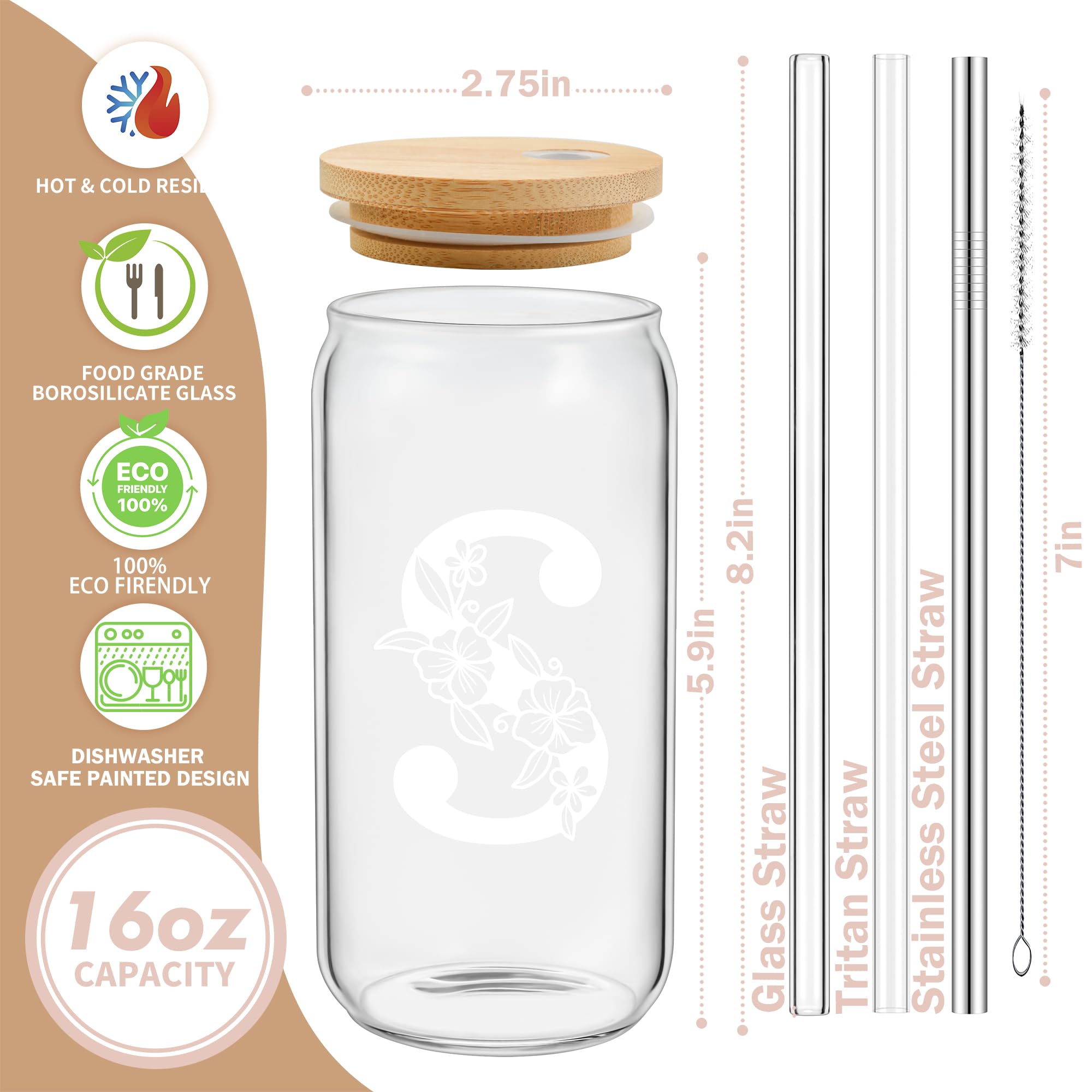 Vaso personalizado, vasos de vidrio con monograma con tapas de bambú y popotes, regalos personalizados para mujeres, vasos de café helado con inicial de bonito diseño, taza de letra personalizada,