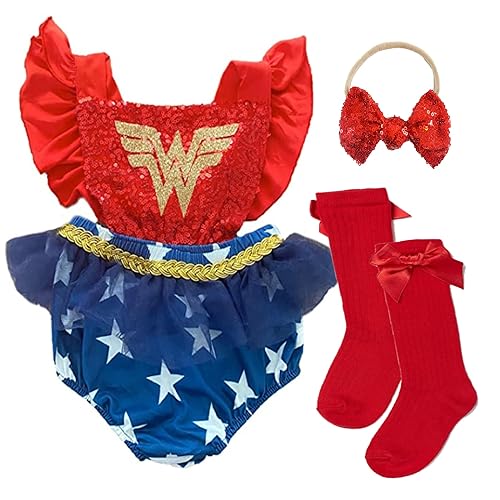 baby Girl superhero Halloween Costume customized baby girl costume superhero girl sequin romper high knee socks and matching bow (12-24M)