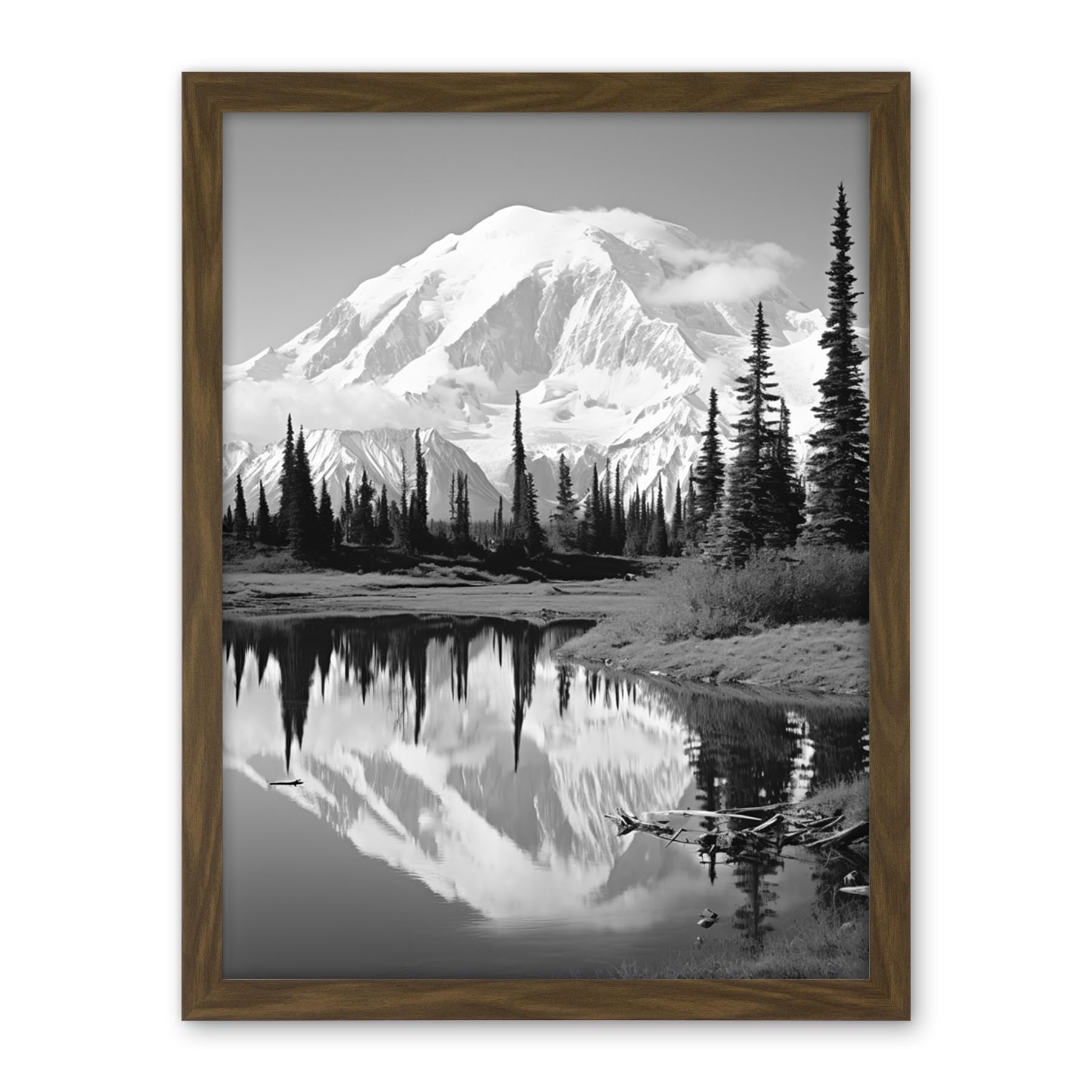 Artery8 Mount McKinley Reflecting on Wonder Lake Tranquil Water Black and White Photograph Scenic Mountain Valley Landscape Artwork Framed Wall Art Print 18X24 Inch