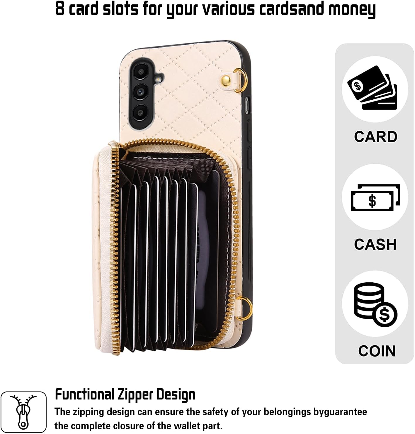 Compatible with Samsung Galaxy S25 Plus S25+ 5G Zipper Wallet Case with Shoulder Strap Flip Purse Card Holder Stand Phone Cover for S25Plus 25S + S 25 25+ S25Plus 25S 25+ White - Image 3