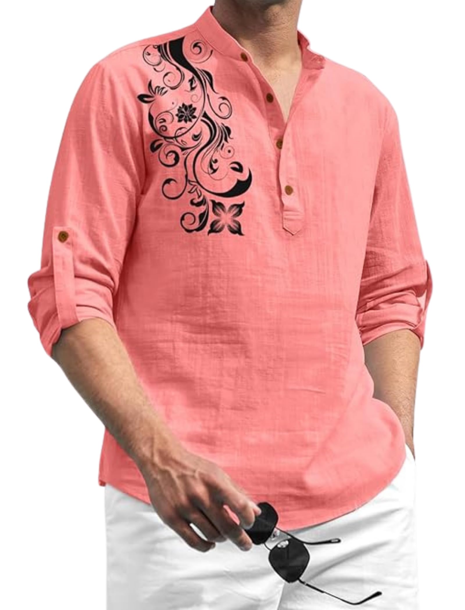 zombom Men's Cotton Polyster Blend Self-Printed Short Kurta Shirt | Full Sleeve Mandarin Collar Stylish Ethnic Kurta for Casual-picture-19