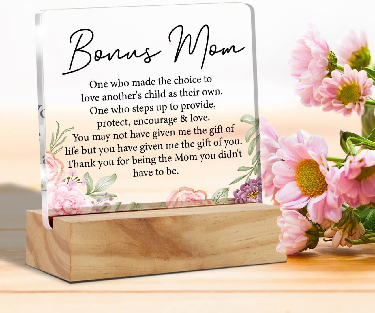 Bonus Mom & Stepmom Gifts: Acrylic Desk Plaque Sign With Wood Stand - Flowers Style Home Desk Sign Keepsake Present - Image 3