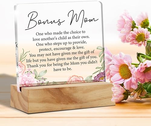 Miniatura 3 de Regalos adicionales para mamá y madrastra placa de escritorio de acrílico con soporte de madera, letrero de escritorio estilo flores para el hogar