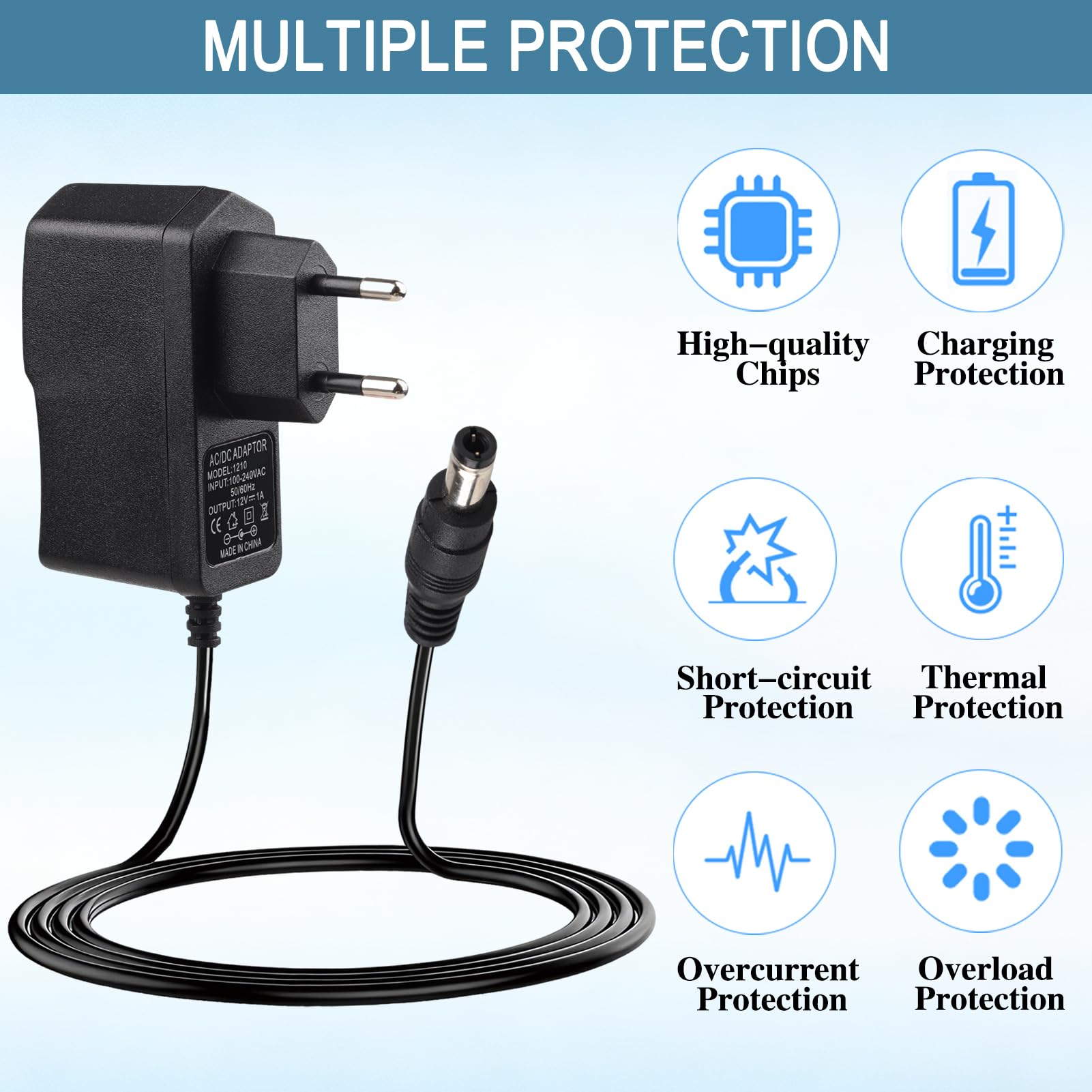 Alimentador 12V 1A, Adaptador de Fuente de Alimentación Universal 12W con 8 Enchufes DC Desmontables, Compatible con Electrónica y Dispositivos como LED, Router, CCTV, Radio, y Más - 1000mA Máx — view 3