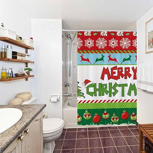 Miniatura 5 de Allenjoy Cortina de ducha de 72 x 72 pulgadas para juegos de baño, invierno, Año Nuevo, campanas de Navidad, copos de nieve, decoración de baño,