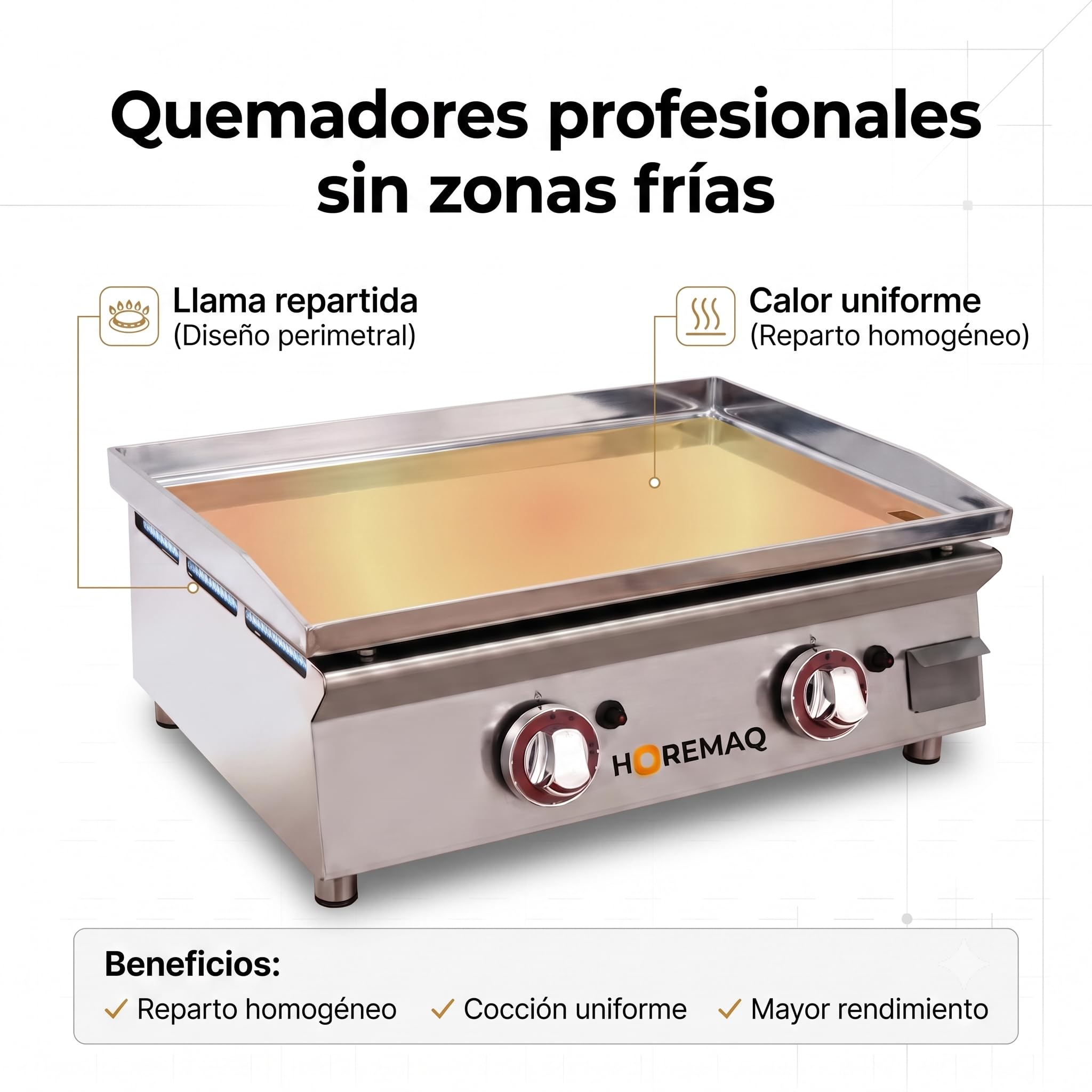 Plancha Gas Butano Profesional 60 cm, Placa Extraíble en Acero Laminado 6 mm, 2 Quemadores, 5,50 kW, Cuerpo de Acero Inoxidable, Sobremesa Hostelería, Fabricada en España