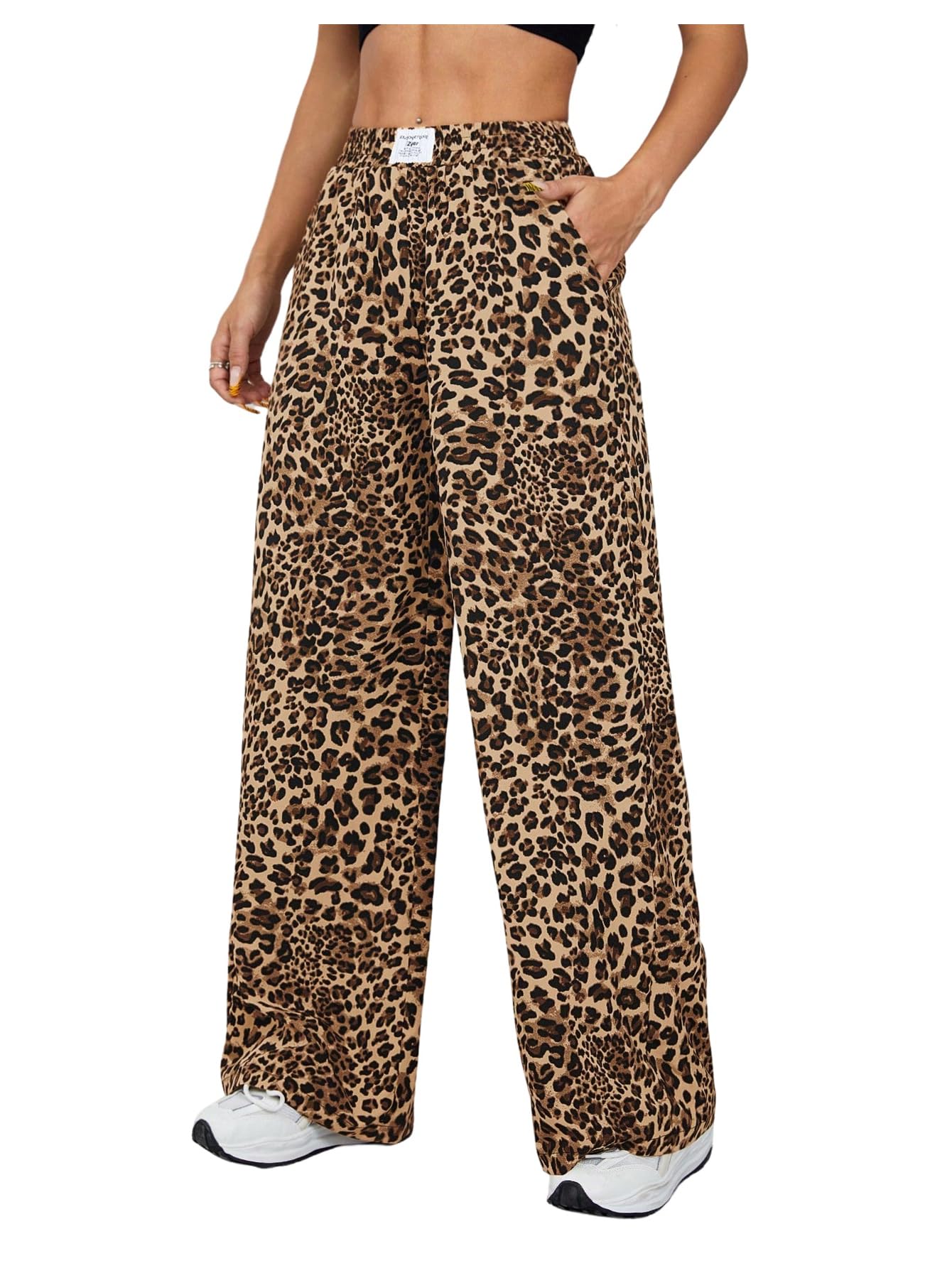 OYOANGLE Womens Leopard Wide Leg Pants Letter Patched Elastic High Waist Cheetah Print Trousers