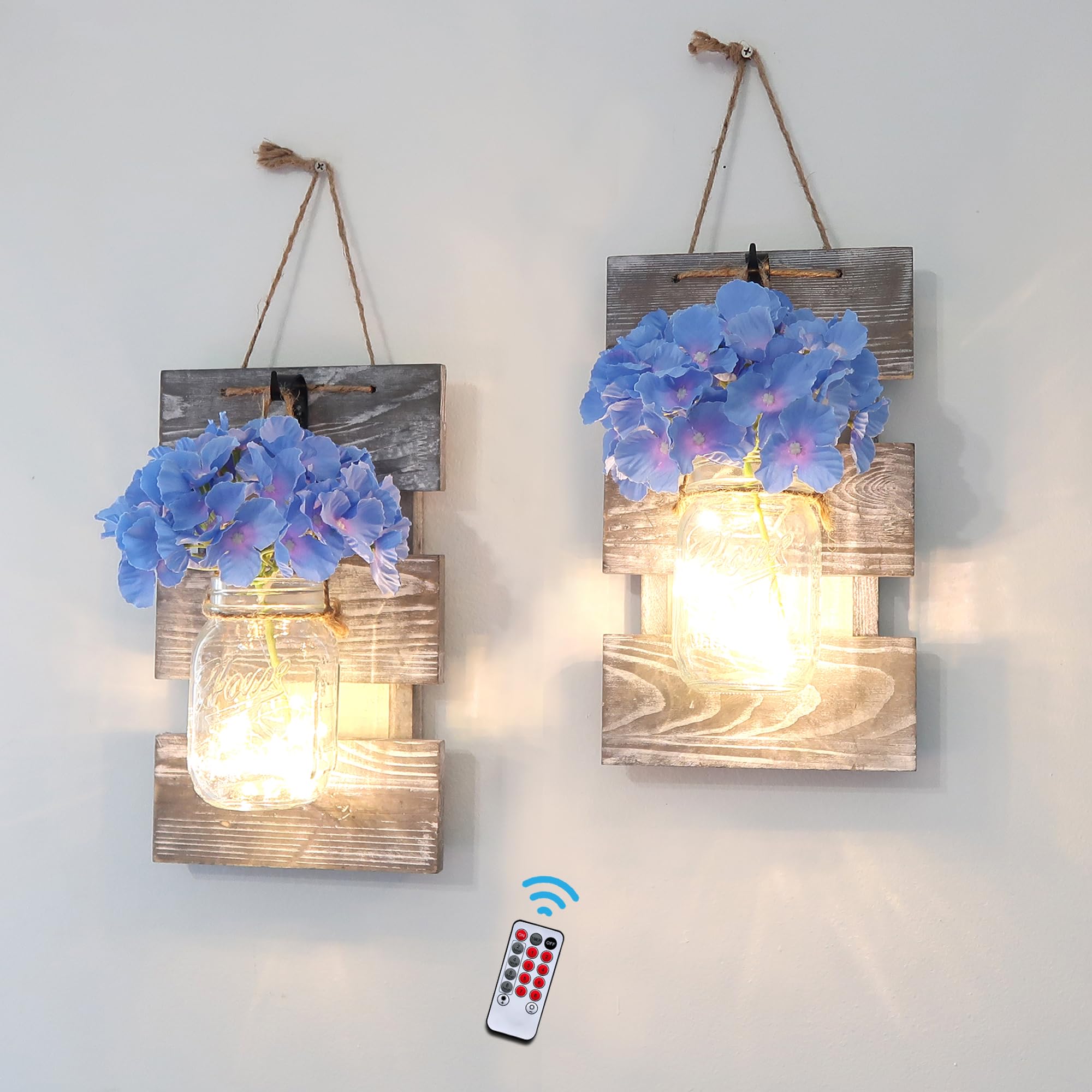 Besuerte Farmhouse Wall Decor Living Room, Rustic Wall Hanging Decor Mason Jar Wall Decor Set of 2 with LED Fairy Lights and Blue Flowers, Wall