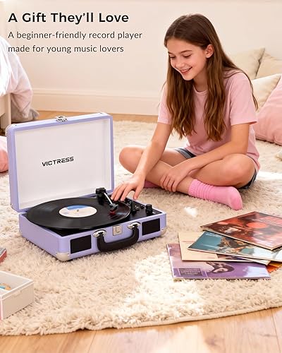 Miniatura 12 de Tocadiscos de maleta portátil Bluetooth con altavoces estéreo, tocadiscos de 3 velocidades, grabación USB a digital, conector RCA/AUX/para Lavanda