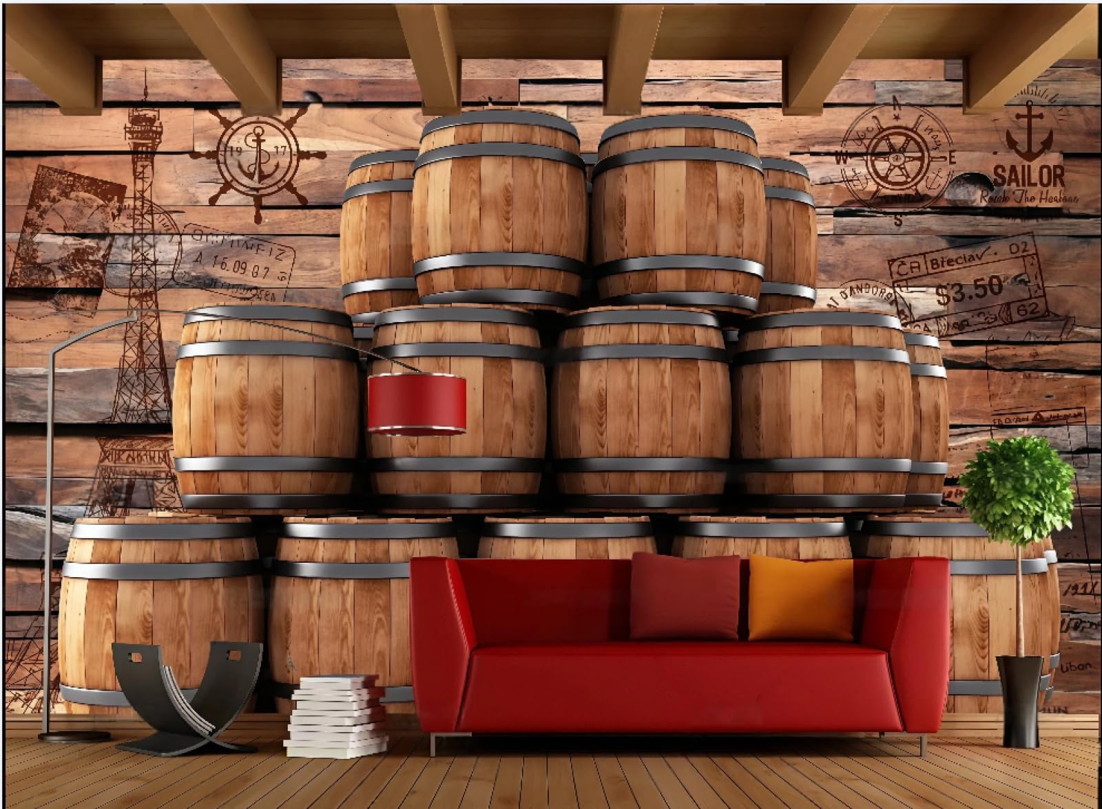 rskjdghshd Wallpaper Retro Nostalgic Wood Board Three-Dimensional Wine Barrel Afternoon Tea Cake Shop Bar Catering Background Wall Western Restaurant Wallpaper Drink Cafe Mural,3D,250x175cm
