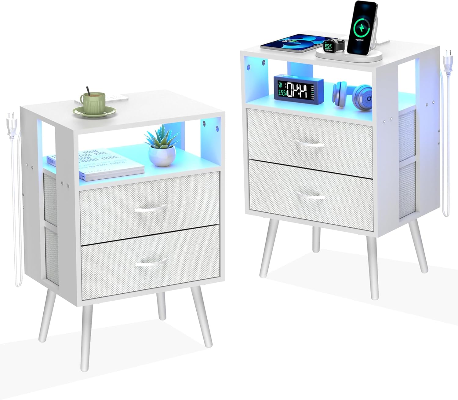 Modern Nightstands Set of 2, LED Sofa Side Table with Charging Station, LED Lights and Fabric Drawer Stylish Functional Living Room Bedroom Furniture(White,2 Drawers)