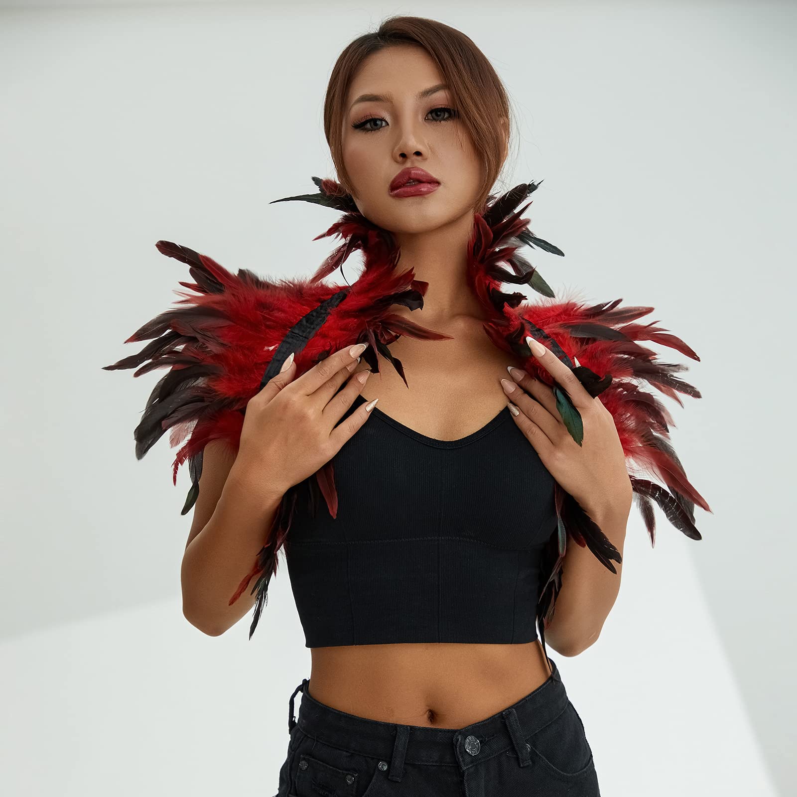Acrawnni Women' Natural Feather Cape Shawl Gothic Shrug Poncho Collar Halloween Cosplay Swan Wings Accessories Costume (A-Red - Image 4