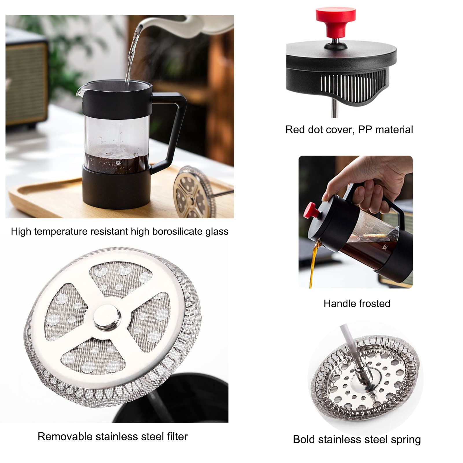 Caffettiere A Pistone,Caffettiera Francese in Vetro Borosilicato Resistente al Calore Rimovibile in Acciaio Inossidabile 304 con 3 Filtri,French Press Caffe Resistente E Facile da Pulire