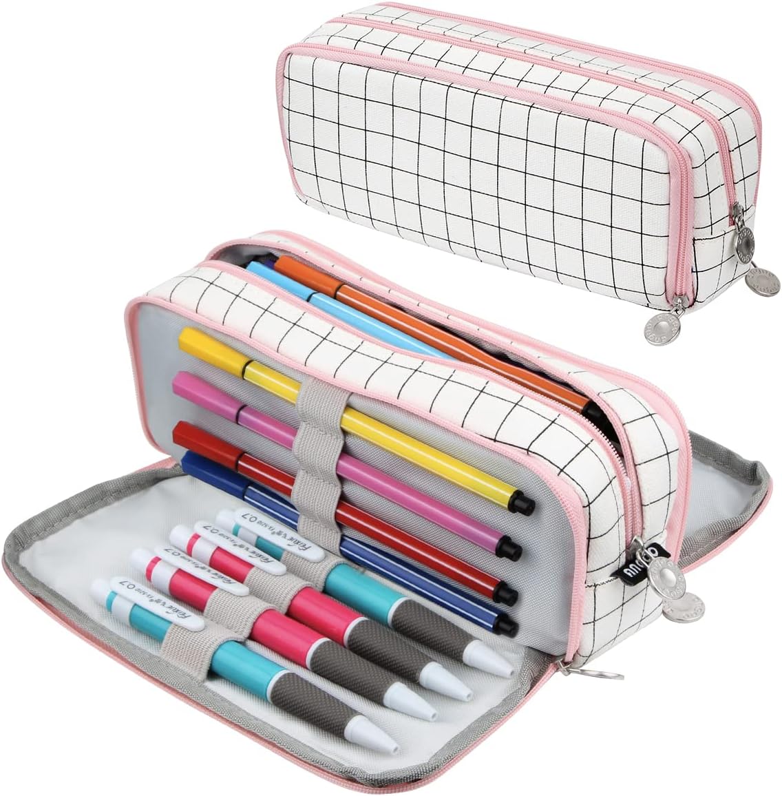 Chelory Big Capacity Pencil Case Large Pencil Pen Bag Pouch 3 Compartment High Storage Pencil Cases for Girls Boys School Office Organizer Makeup Bag Men Women Adults Gifts (Plaid White) - Image 3