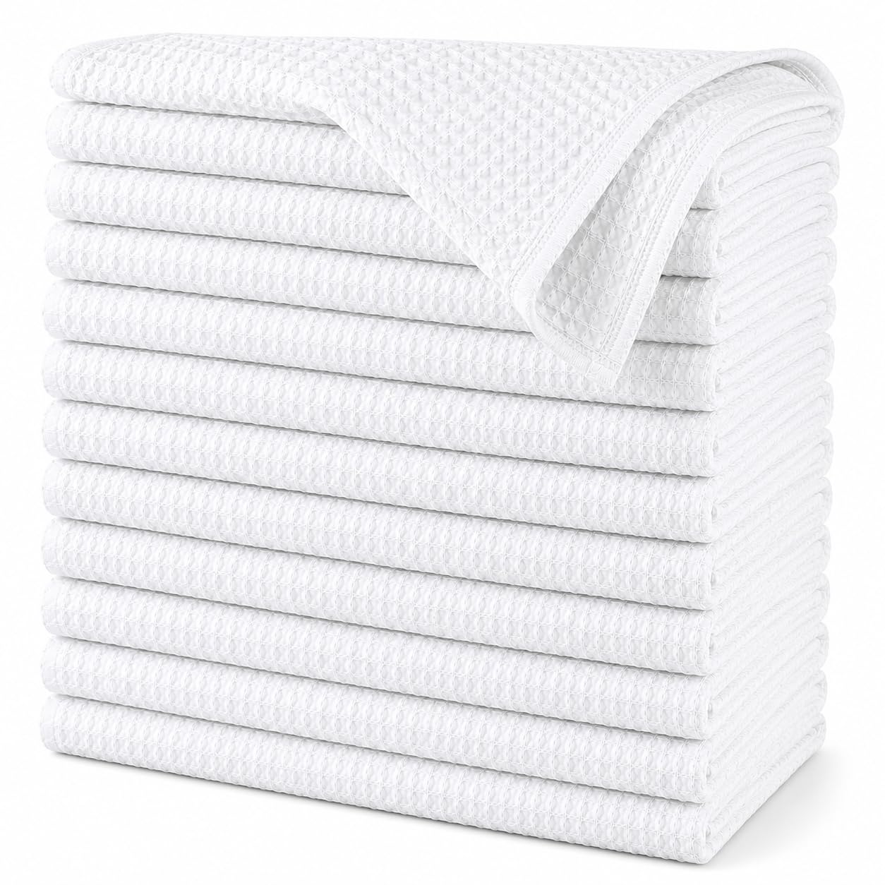 K Collection Premium Waffle Tea Towels 45 x 65cm - Highly Absorbent Quick Dry - Catering Bar Towel with Hanging Loop (White - 12 Pack)