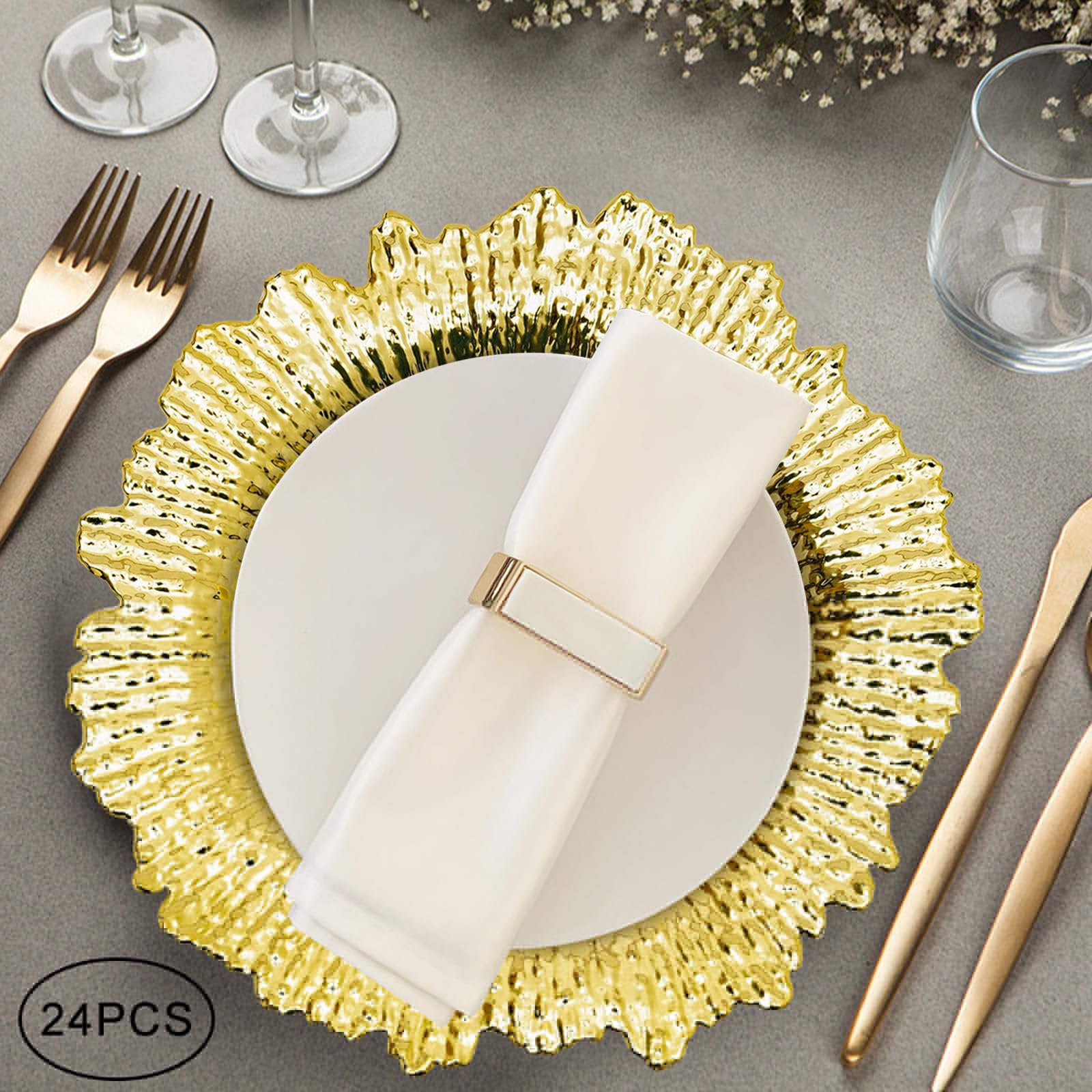RTUSUML 24 Pack 13 Inch Gold Charger Plates, Plate Chargers with Flora Reef Design, Plastic Round Ruffled Rim Dinner Charger Plates, For Wedding Party, Holiday Event Supplies