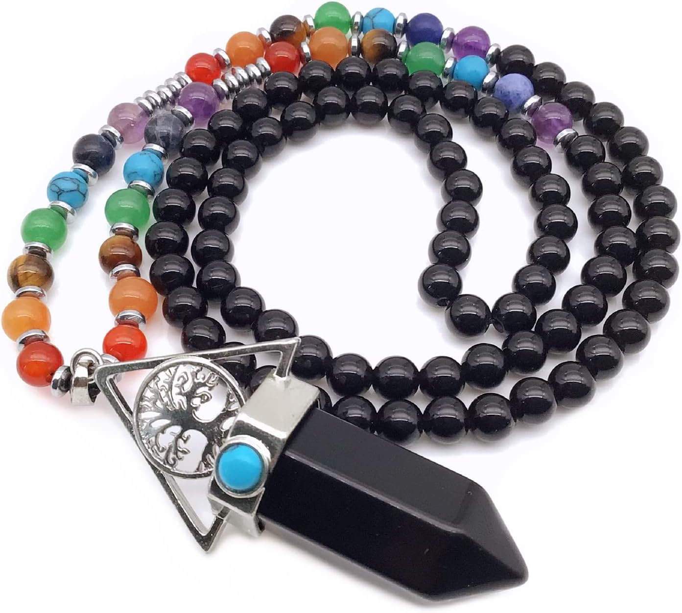 EDEN'S CALL Tree of Life 7 Chakra Stone Beads Necklace for Women and Men Hexagonal Crystal Point Pendant Necklace