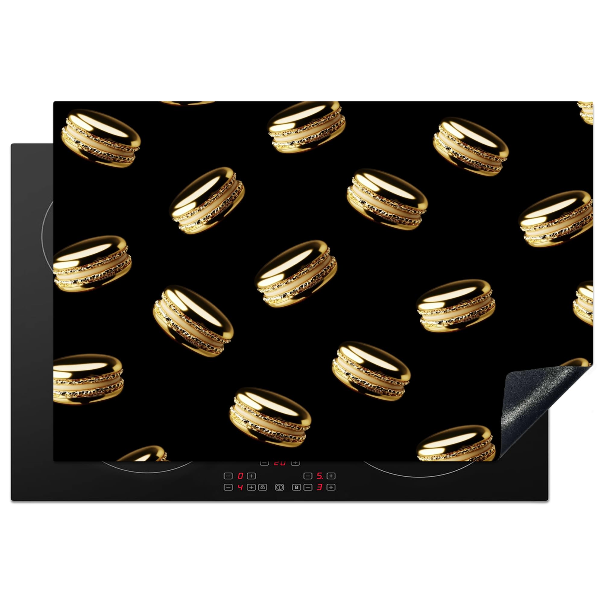 KitchenYeah© Induction Hob Protector Mat 20.3"x29.9" / 76x51.5 cm Stove Cap Top Cover Kitchen Cooker Covers for Electric Hobs Vinyl Macaroons - Pattern - Gold - Black
