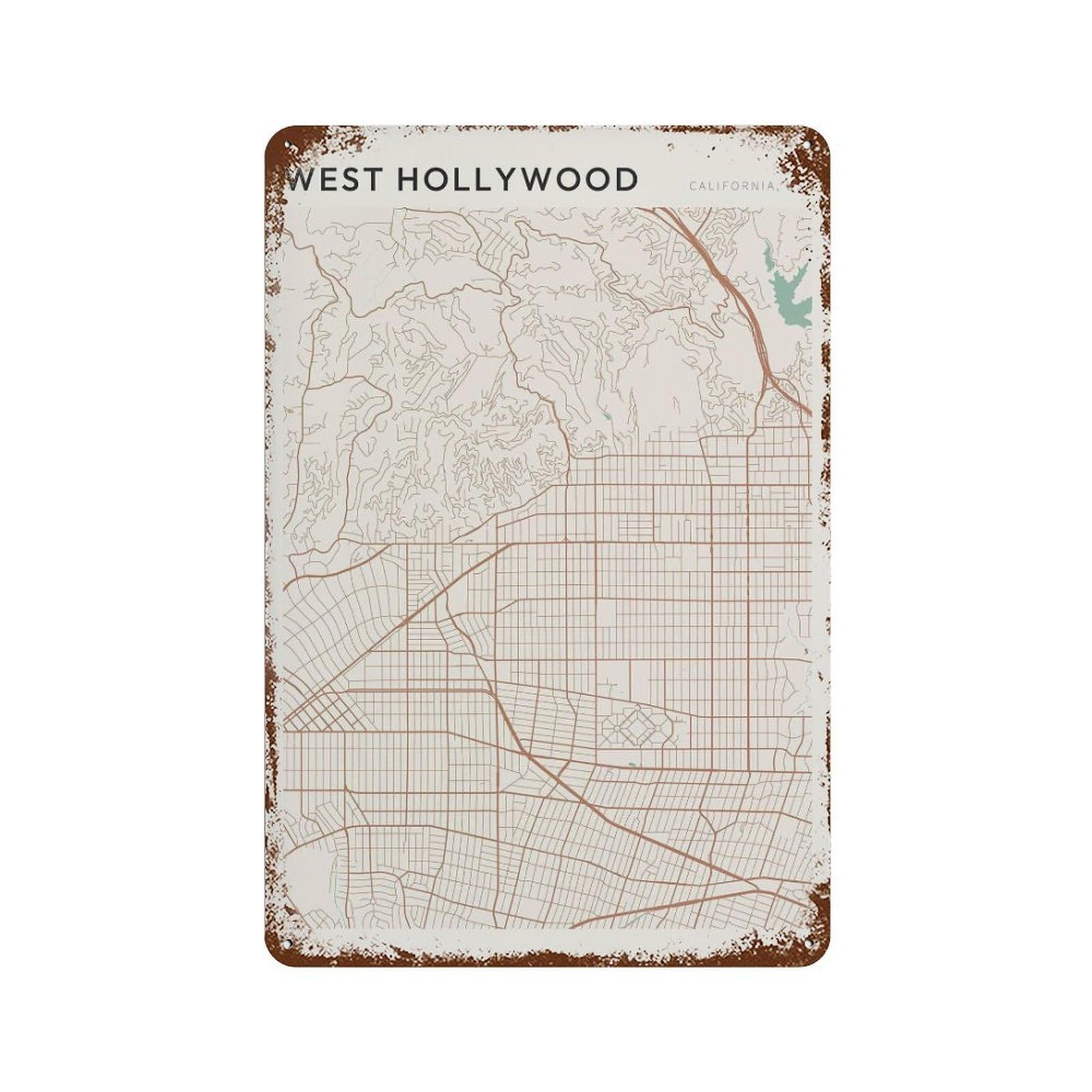 xiaoxiaoshen West Hollywood Map California Travel Gift Minimalist Wall Decor Art Metal Tin Poster Modern Home Decor Art Home Bar Shop Decorations Vintage Sign 30x20cm