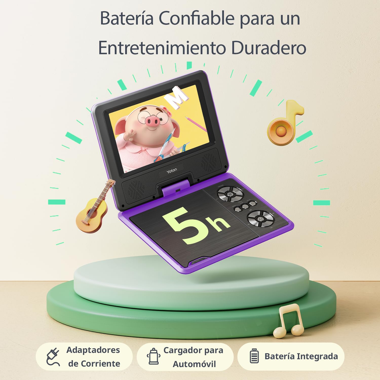 Yoton Reproductor de DVD portátil de 9,5 Pulgadas para niños con Pantalla giratoria HD de 7,5 Pulgadas, Altavoz estéreo, sincronización TV/USB/Tarjeta SD, Morado