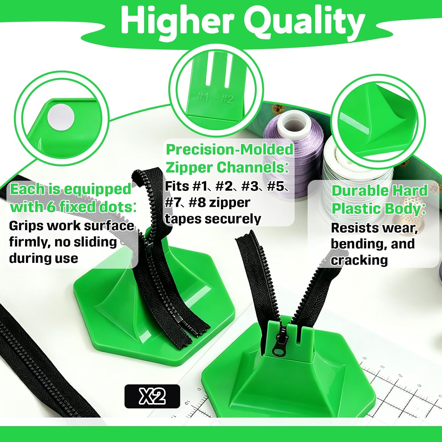 2Pcs Zipper Jig Tool with Anti Slip Silicone Base, Handy Zip Fastener for Zipper Pulls and Sliders, Compatible with #1#2#3#5#7#8 Zippers, for Pants Dresses Jackets (Green)